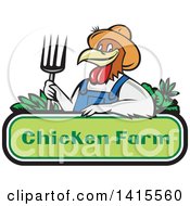 Poster, Art Print Of Retro Cartoon Farmer Rooster Man Wearing Overalls And A Straw Hat Holding A Pitchfork Over A Chicken Farm Sign