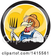 Poster, Art Print Of Retro Cartoon Farmer Rooster Chicken Man Wearing Overalls And A Straw Hat Holding A Pitchfork In A Black White And Yellow Circle