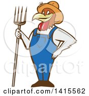 Retro Cartoon Farmer Rooster Chicken Man Wearing Overalls And A Straw Hat Holding A Pitchfork