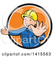 Poster, Art Print Of Retro Cartoon Happy Male Builder Presenting And Gesturing To Stop In A Black White And Orange Circle