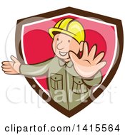 Clipart Of A Retro Cartoon Happy Male Builder Presenting And Gesturing To Stop In A Brown White And Pink Shield Royalty Free Vector Illustration