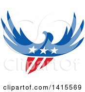 Poster, Art Print Of Silhouetted Flying American Bald Eagle In Red White And Blue With A Shield Body And Stars On Its Chest