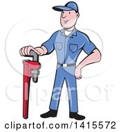 Poster, Art Print Of Retro Cartoon White Male Plumber Or Handy Man Standing And Leaning On A Giant Monkey Wrench