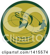 Retro Silhoeutted Wading Fisherman Reeling In A Jumping Trout In A Green Circle