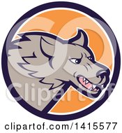 Poster, Art Print Of Cartoon Angry Gray Wolf Head Inside A Blue White And Orange Circle