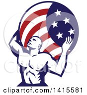 Retro Muscular Man Atlas Carrying An American Flag Globe On His Back