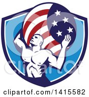 Clipart Of A Retro Muscular Man Atlas Carrying An American Flag Globe On His Back In A Blue And White Shield Royalty Free Vector Illustration