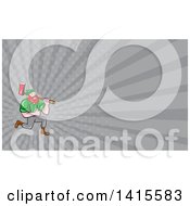 Cartoon Red Haired Lumberjack Paul Bunyan Kneeling Carrying An Axe And Giving A Thumb Up And Gray Rays Background Or Business Card Design