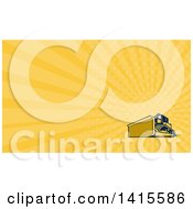 Clipart Of A Retro Yellow And Blue Bulldozer Construction Machine And Yellow Rays Background Or Business Card Design Royalty Free Illustration