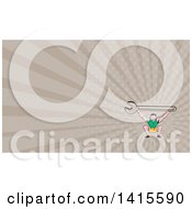 Clipart Of A Retro Cartoon White Male Mechanic Squatting And Holding Up A Giant Spanner Wrench And Rays Background Or Business Card Design Royalty Free Illustration