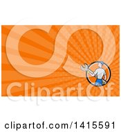 Clipart Of A Retro Cartoon White Handy Man Or Mechanic Holding A Giant Spanner Wrench And Orange Rays Background Or Business Card Design Royalty Free Illustration