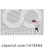 Poster, Art Print Of Retro Cartoon White Male Plumber Holding Up A Giant Monkey Wrench And Gray Rays Background Or Business Card Design