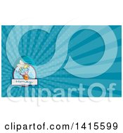 Clipart Of A Sketched Worker Bee Flying With A Round Gift Box And Teal Rays Background Or Business Card Design Royalty Free Illustration