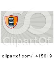Clipart Of A Retro Diesel Freight Train On A Track In A Shield And Gray Rays Background Or Business Card Design Royalty Free Illustration