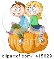 Poster, Art Print Of Cartoon Happy Caucasian Couple Sitting On A Giant Pumpkin