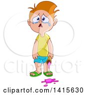 Poster, Art Print Of Cartoon Caucasian Boy Crying After Dropping His Ice Cream