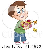 Cartoon Caucasian Boy Holding Autumn Leaves