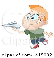 Poster, Art Print Of Cartoon Caucasian Boy Playing With A Paper Plane