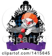 Creepy Clown Presenting Inside A Black Rame Over A Blank Purple Banner