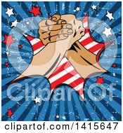 Poster, Art Print Of Grungy Labor Day Themed Background With Arm Wrestling Hands Stars And Rays