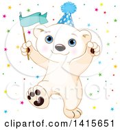 Poster, Art Print Of Cute Baby Polar Bear Cub Wearing A Party Hat Holding A Flag And Celebrating