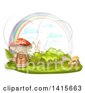 Poster, Art Print Of Mushroom House Rabbit And Rainbow