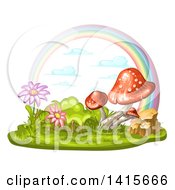 Poster, Art Print Of Group Of Mushrooms Flowers And Rainbow