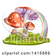 Poster, Art Print Of Group Of Mushrooms And Rainbow
