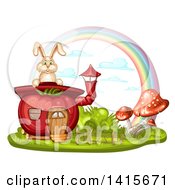 Clipart Of A Tomato House And Rabbit With A Rainbow Royalty Free Vector Illustration by merlinul