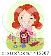 Poster, Art Print Of Red Haired White Girl Sewing An Owl