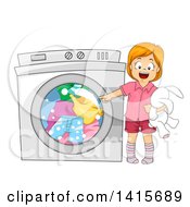 Red Haired White Girl Pointing To A Washing Machine