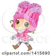 Brunette White Girl Wearing A Big Pink Winter Hat And Walking
