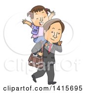 Poster, Art Print Of Cartoon Brunette White Girl Getting A Piggy Bank Ride From Her Dad