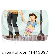 Clipart Of A Brunette White Girl Throwing A Tantrum Holding Onto A Pole And Her Dads Hand Royalty Free Vector Illustration by BNP Design Studio
