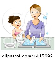 Poster, Art Print Of Brunette White Girl Helping Her Mom Wash Dishes
