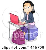 Poster, Art Print Of Happy School Girl Using A Pink Laptop And Sitting On An Exercise Ball