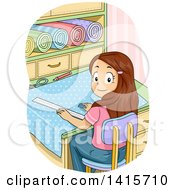 Clipart Of A Brunette White Girl Marking Fabric Royalty Free Vector Illustration