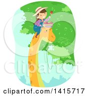 Poster, Art Print Of Brunette White Girl On A Dinosaurs Head Picking Fruit