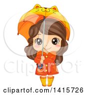 Brunette White Girl In Rain Gear Holding A Cat Umbrella