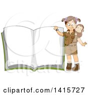 Poster, Art Print Of Brunette White Safari Girl With A Monkey Presenting An Open Book