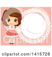 Poster, Art Print Of Retro Brunette White Girl By A Round Frame On Pink