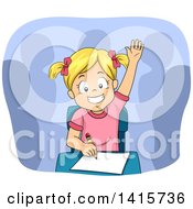 Poster, Art Print Of Blond White School Girl Raising Her Hand In Class
