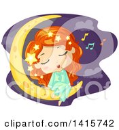 Clipart Of A Red Haired White Girl Singing And Sitting On A Crescent Moon Royalty Free Vector Illustration by BNP Design Studio