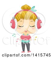 Poster, Art Print Of Blond White Girl Wearing Headphones Singing And Listening To Music On A Media Player