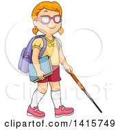 Poster, Art Print Of Red Haired Blind White School Girl Using A Cane