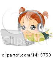 Poster, Art Print Of Brunette White Girl Laying On The Floor Wearing Headphones And Listening To Music On A Laptop Computer