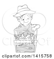 Poster, Art Print Of Black And White Lineart Boy With A Treasure Chest