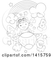 Poster, Art Print Of Black And White Lineart Boy Flying A Plane In Alphabet Clouds Under A Rainbow