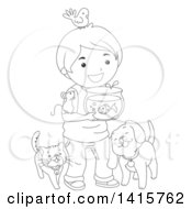 Poster, Art Print Of Black And White Lineart Boy With His Pets