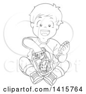 Poster, Art Print Of Black And White Lineart Boy Putting Toys In A Jar